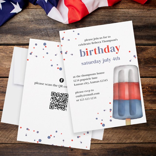 Cute Watercolor Red White Blue Popsicle QR Code Invitation (Creator Uploaded)