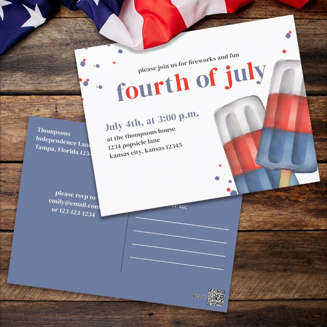 Cute Watercolor Red White Blue Popsicle QR Code Postcard (Fourth of July Red, White, and Blue summer party invitation postcard. )