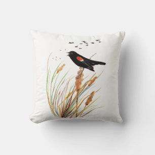 Cute Watercolor Red-Winged Blackbird Animal Nature Throw Pillow