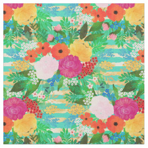 Cute Watercolor Red & Yellow Floral Biscay Green Fabric