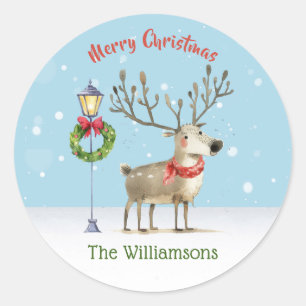 Cute Watercolor Reindeer Christmas Tree Card Classic Round Sticker