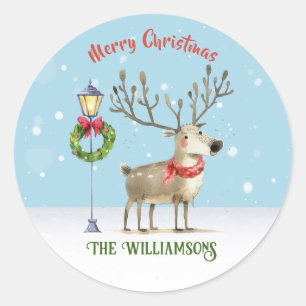 Cute Watercolor Reindeer Christmas Tree Card Classic Round Sticker