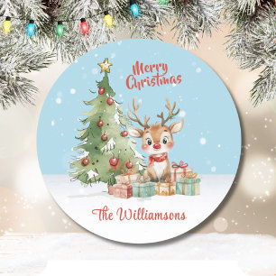 Cute Watercolor Reindeer Christmas Tree Card Classic Round Sticker