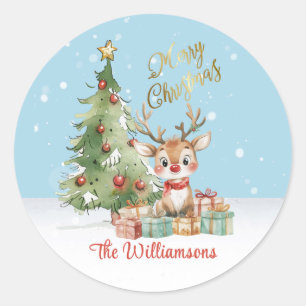 Cute Watercolor Reindeer Christmas Tree Card Classic Round Sticker
