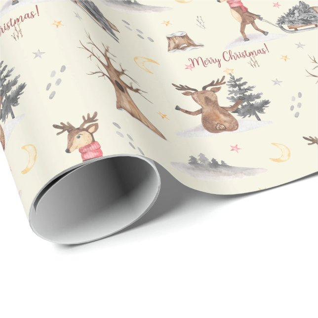 Cute Watercolor Reindeer Pulling Christmas Sleigh Wrapping Paper (Roll Corner)