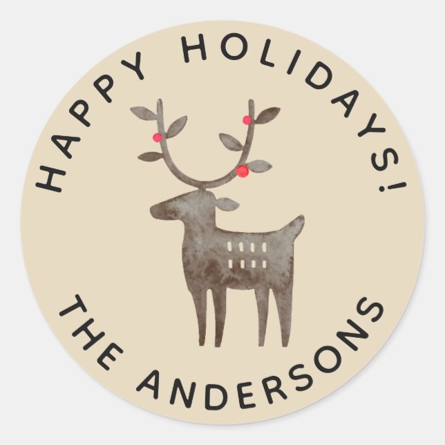Cute Watercolor Reindeer | Tan - Custom Colour Classic Round Sticker (Front)