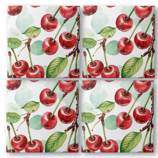 Cute Watercolor Retro Cherries Pattern Tile