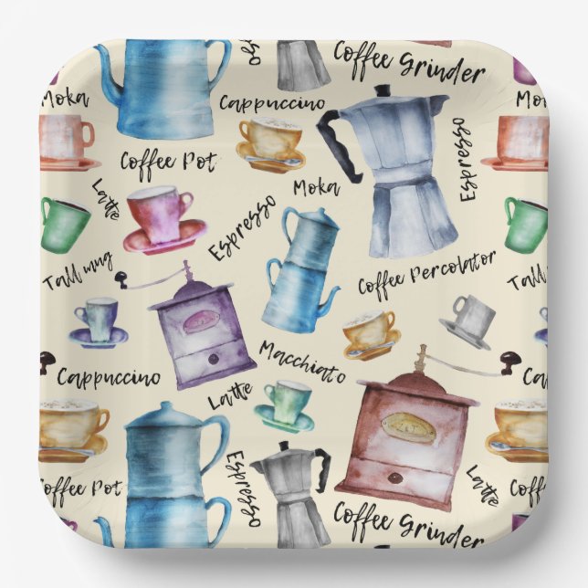 Cute Watercolor retro coffee makers cups pattern  Paper Plate (Front)
