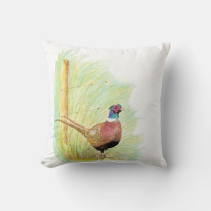 Cute Watercolor Ring-Necked Pheasant Bird Throw Pillow