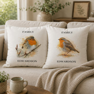 Cute watercolor robin bird monogrammed family throw pillow