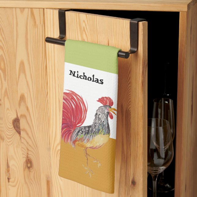Cute Watercolor Rooster Personalized Kitchen Towel (Thirds Fold)