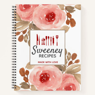 Cute Watercolor Roses Personalized Recipe Notebook