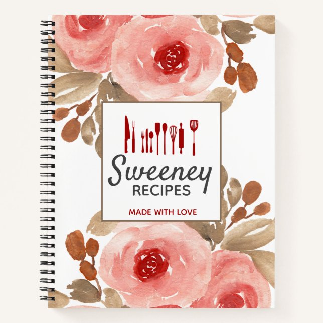 Cute Watercolor Roses Personalized Recipe Notebook (Front)