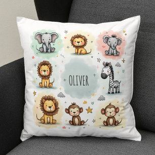 Cute Watercolor Safari Animal Doodles Throw Pillow