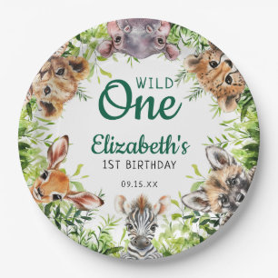 Cute Watercolor Safari Animals 1st Birthday Paper Plate