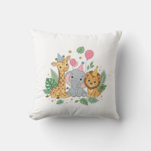 Cute Watercolor Safari Animals Birthday Party Kids Throw Pillow