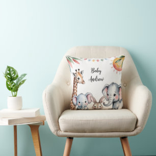 Cute Watercolor Safari Animals Illustration Throw Pillow