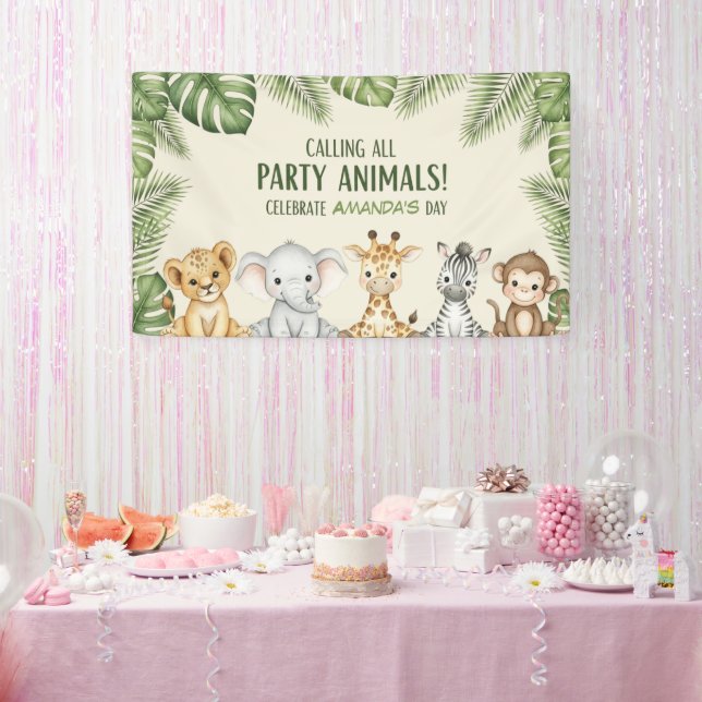 Cute Watercolor Safari Animals Welcome Birthday Banner (Party)