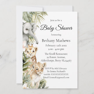 Cute Watercolor Safari Baby Animals Baby Shower  Invitation