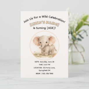 Cute Watercolor Safari Elephant KIds Birthday Invitation