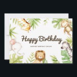 Cute Watercolor Safari Friends Tropical Birthday<br><div class="desc">Send your birthday wishes and message with this safari happy birthday flat card. It features cute watercolor illustrations of a baby giraffe,  monkey,  elephant,  lion and zebra with tropical leaves accent. Personalize by adding your own texts. This tropical birthday card will be perfect for summer and tropical theme birthdays.</div>