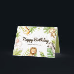 Cute Watercolor Safari Friends Tropical Birthday Card<br><div class="desc">Send your birthday wishes and message with this safari happy birthday card. It features cute watercolor illustrations of a baby giraffe,  monkey,  elephant,  lion and zebra with tropical leaves accent. Personalize by adding your own texts. This tropical birthday card will be perfect for summer and tropical theme birthdays.</div>