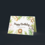 Cute Watercolor Safari Friends Tropical Birthday Card<br><div class="desc">Send your birthday wishes and message with this safari happy birthday card. It features cute watercolor illustrations of a baby giraffe,  monkey,  elephant,  lion and zebra with tropical leaves accent. Personalize by adding your own texts. This tropical birthday card will be perfect for summer and tropical theme birthdays.</div>