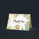 Cute Watercolor Safari Friends Tropical Birthday Thank You Card<br><div class="desc">Send thanks to family and friends for being part of your celebrating with this safari thank you card. It features cute watercolor illustrations of a baby giraffe, monkey, elephant, lion and zebra with tropical leaves accent. Customize by adding your event details. This tropical thank card will be perfect for you...</div>