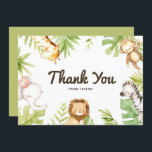 Cute Watercolor Safari Friends Tropical Birthday Thank You Card<br><div class="desc">Send thanks to family and friends for being part of your celebrating with this safari thank you card. It features cute watercolor illustrations of a baby giraffe, monkey, elephant, lion and zebra with tropical leaves accent. Personalize by adding your event details. This tropical thank you card will be perfect for...</div>