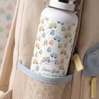 Cute Watercolor School Bus Custom Name Backpack Water Bottle