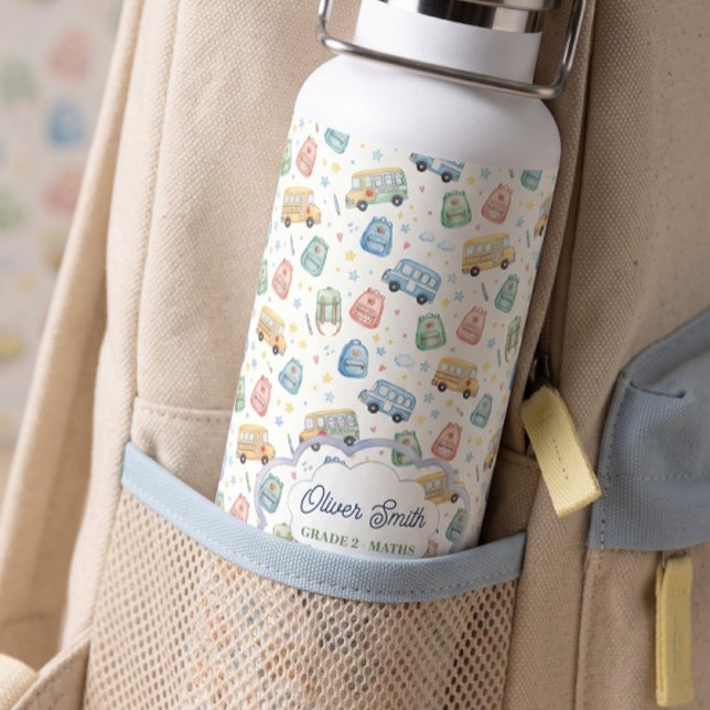 Cute Watercolor School Bus Custom Name Backpack Water Bottle (Creator Uploaded)