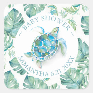 Cute Watercolor Sea Turtle & Greenery Favor Square Sticker
