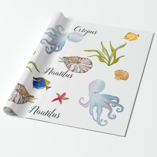 Cute watercolor seabed inhabitants wrapping paper