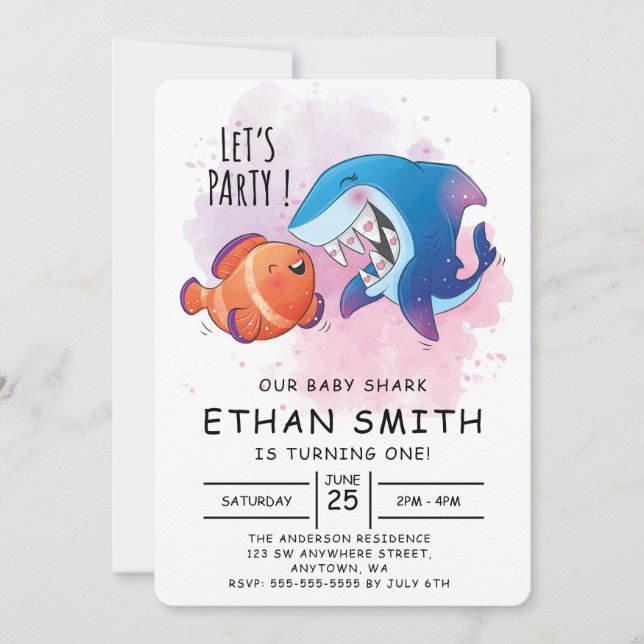 Cute Watercolor Shark Birthday Invitation (Front)