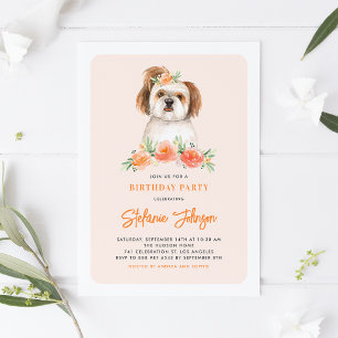 Cute Watercolor Shih Tzu Peach Floral Birthday Invitation