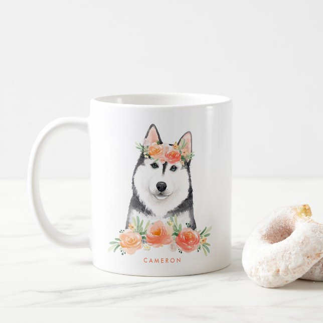Cute Watercolor Siberian Husky Peach Floral Coffee Mug (With Donut)