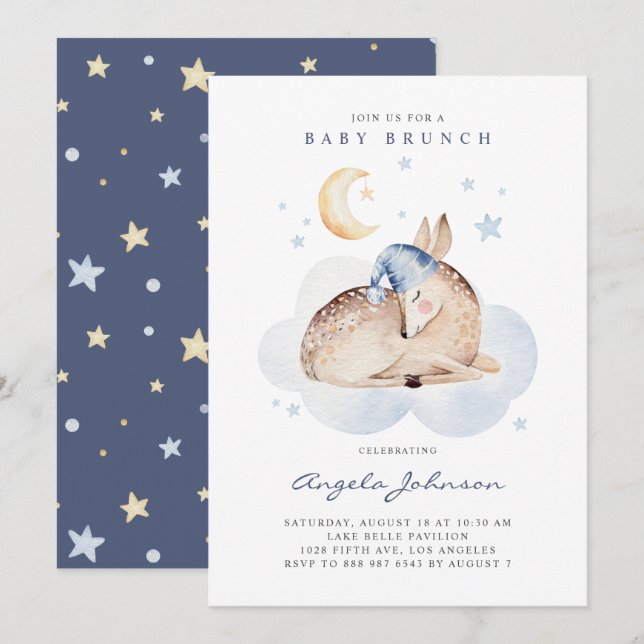 Cute Watercolor Sleeping Baby Deer Baby Brunch Invitation (Front/Back)