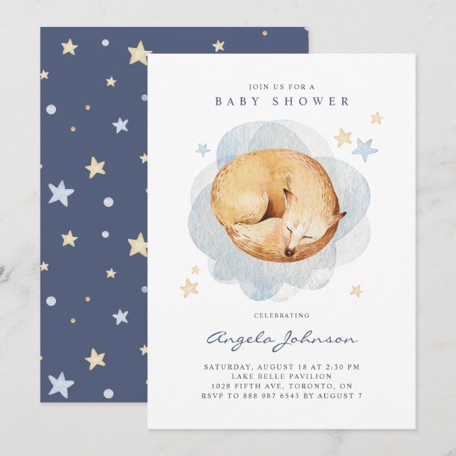 Cute Watercolor Sleeping Baby Fox Baby Shower Invitation (Front/Back)