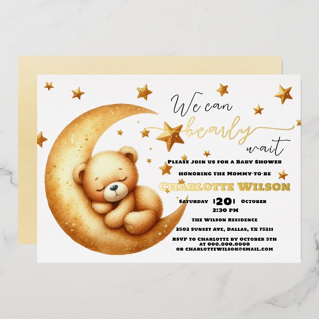 Cute Watercolor Sleeping Bear On Moon Baby Shower (Front/Back)