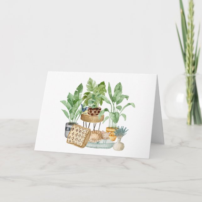 Cute Watercolor Sleeping Cat and House Plants  Card (Front)