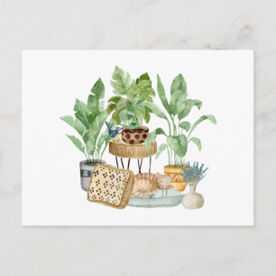 Cute Watercolor Sleeping Cat and House Plants Postcard