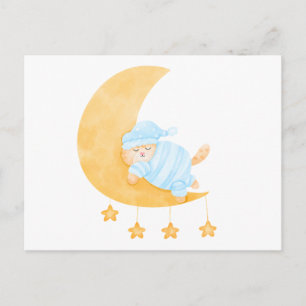 Cute Watercolor Sleeping Cat on Crescent Moon Holiday Postcard