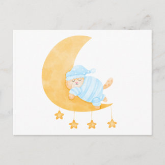Cute Watercolor Sleeping Cat on Crescent Moon Postcard