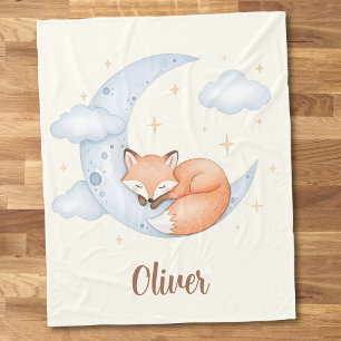 Cute Watercolor Sleeping Fox on Moon Fleece Blanket