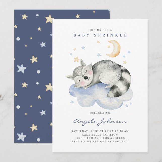 Cute Watercolor Sleeping Raccoon Baby Sprinkle Invitation (Front/Back)