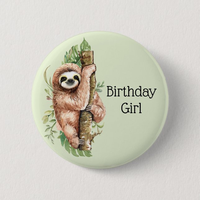 Cute Watercolor Sloth Birthday Girl 2 Inch Round Button (Front)