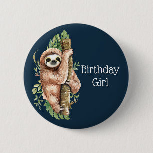 Cute Watercolor Sloth Birthday Girl 2 Inch Round Button