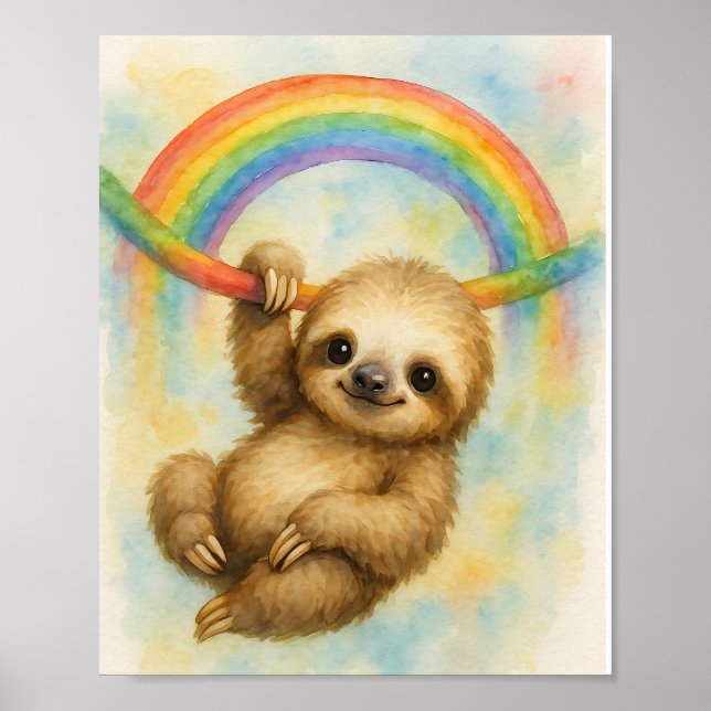 Cute Watercolor Sloth Hanging from Rainbow  Poster (Front)