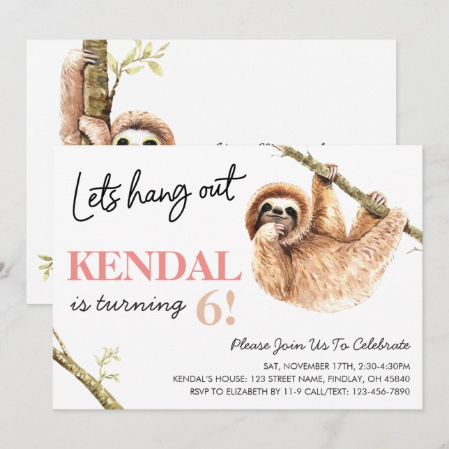 Cute Watercolor Sloth Let's Hang Out Birthday Invitation (Front/Back)