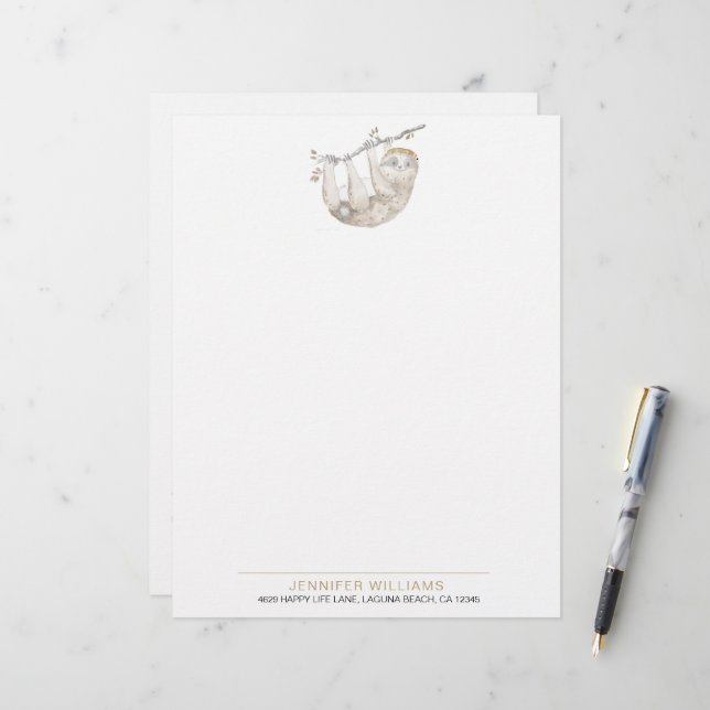 Cute Watercolor Sloth Lovers Letterhead (Front/Back In Situ)